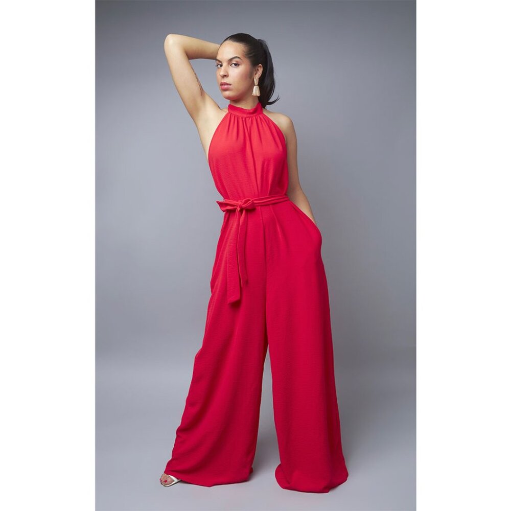 Red Halter Wide-Leg Jumpsuit
